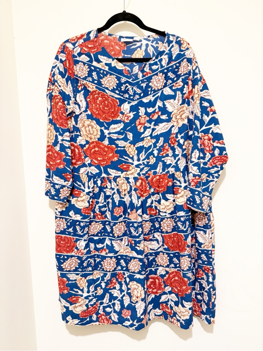 Blue Floral Long-Sleeve Midi Dress with Red & Cream Blooms